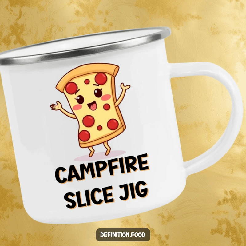 Funny camping mug featuring a giggling pizza slice with pepperoni dancing the tango, perfect for outdoor culinary fun.