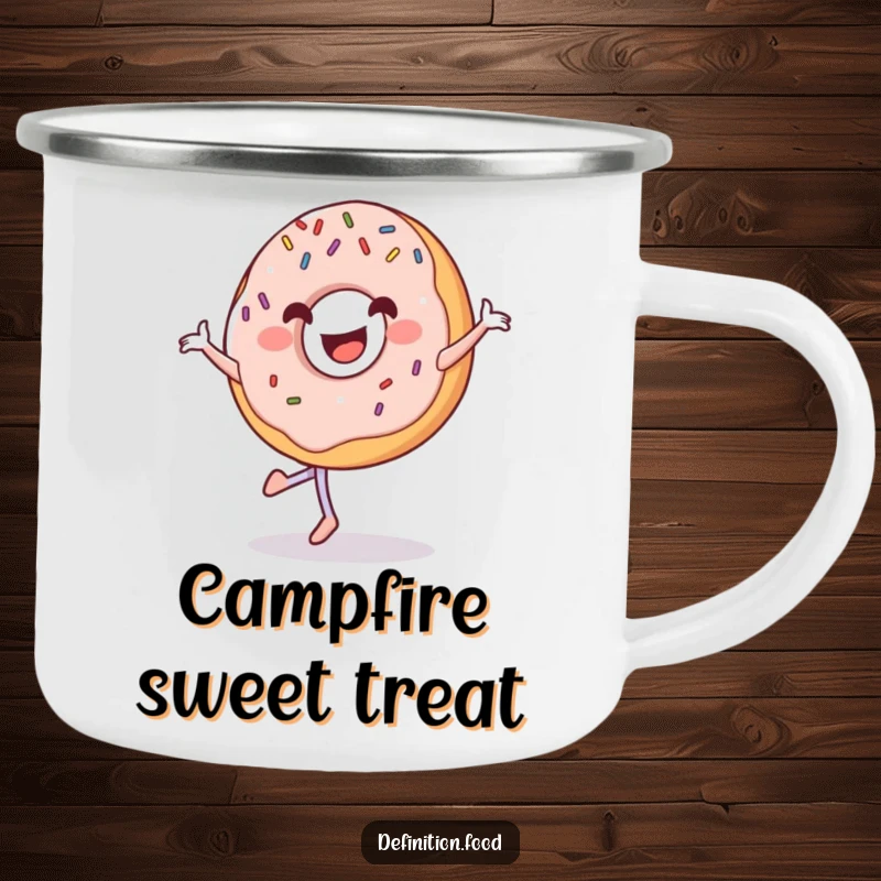 Funny grinning donut camping mug with sprinkles, happily pirouetting during an outdoor adventure.