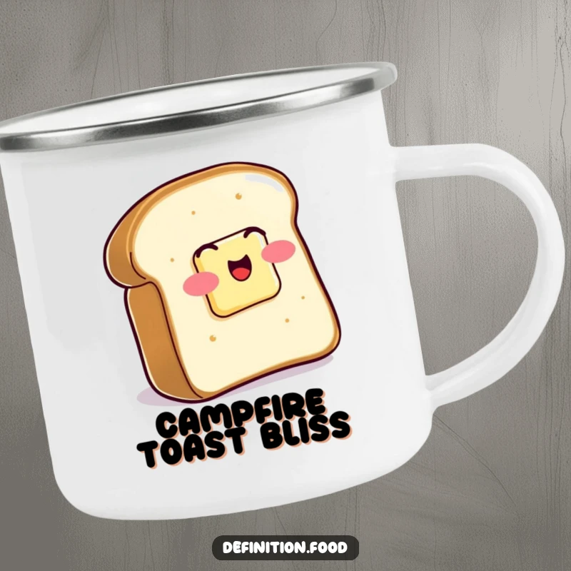 Funny Camping Mug featuring a slice of buttered toast wiggling with glee, perfect for morning beverages in the great outdoors.