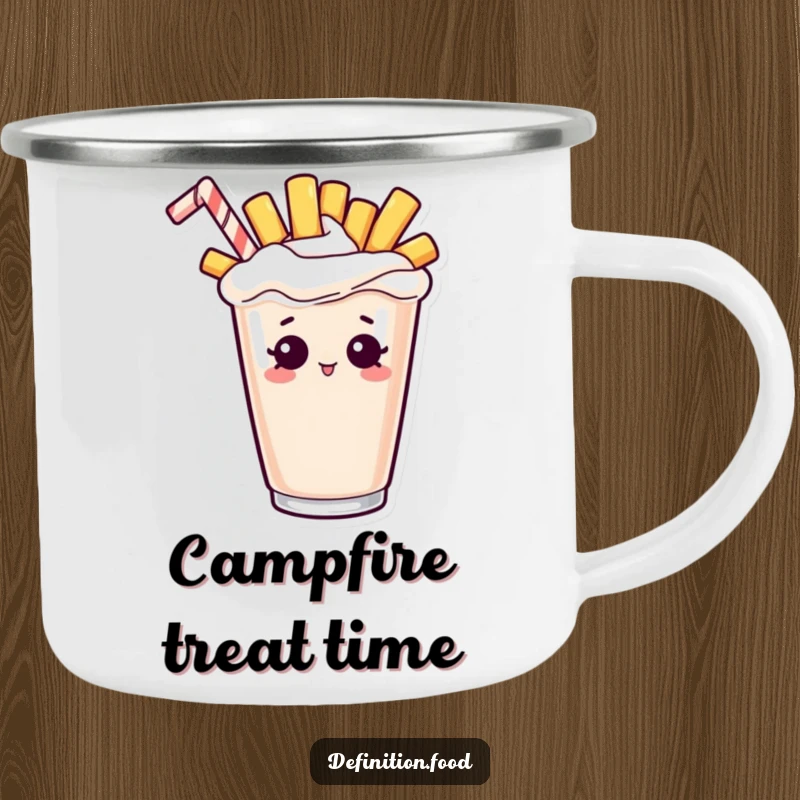 Funny camping mug depicting a curious french fry character peeking out from a milkshake, ideal for outdoor enjoyment.