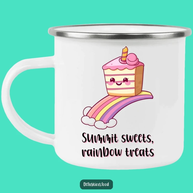 Durable Funny Grinning Cake Rainbow Camping Mug, Sweet Ride Outdoor Gift