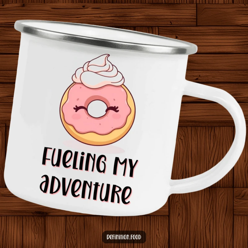 Funny enamel camping mug with a winking donut character, perfect for outdoor adventures and humorous enjoyment.