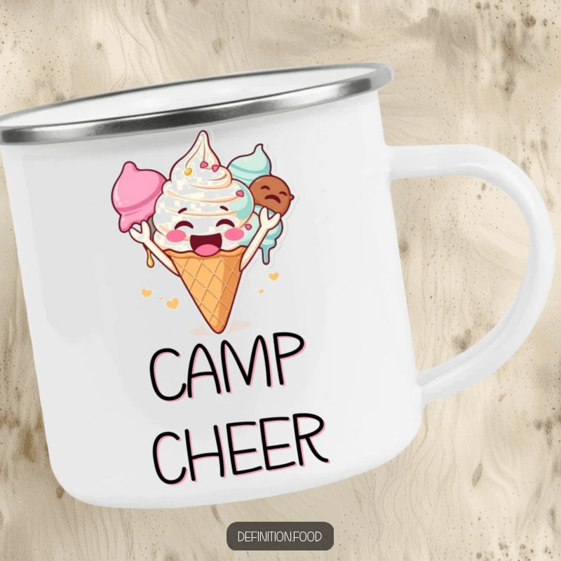 Funny ice cream camping mug, enamel finish, a gleeful character cheering loudly, durable for camping, funny gift.