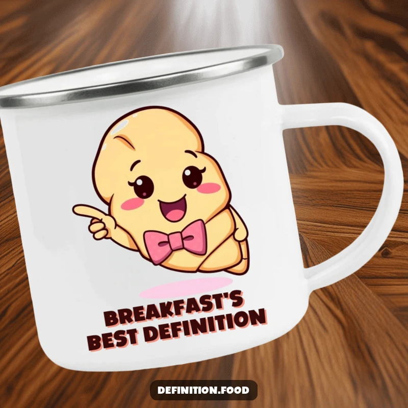 Funny Croissant Definition Camping Mug: A happy croissant with a bow tie points to a witty definition, perfect for campfire coffee.