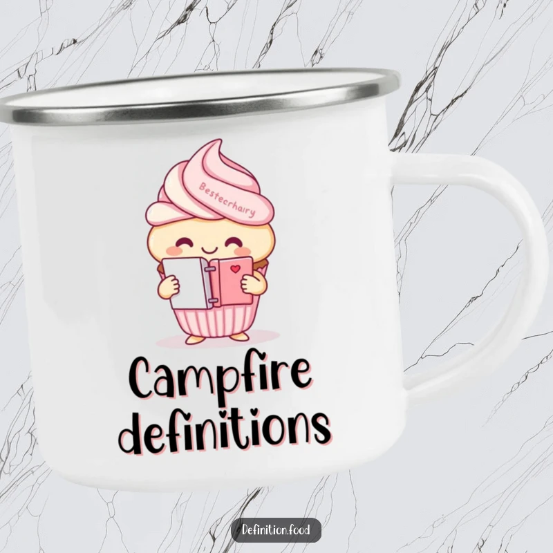 Funny smiling cupcake character camping mug, holding a mini dictionary, for outdoor literary enjoyment.