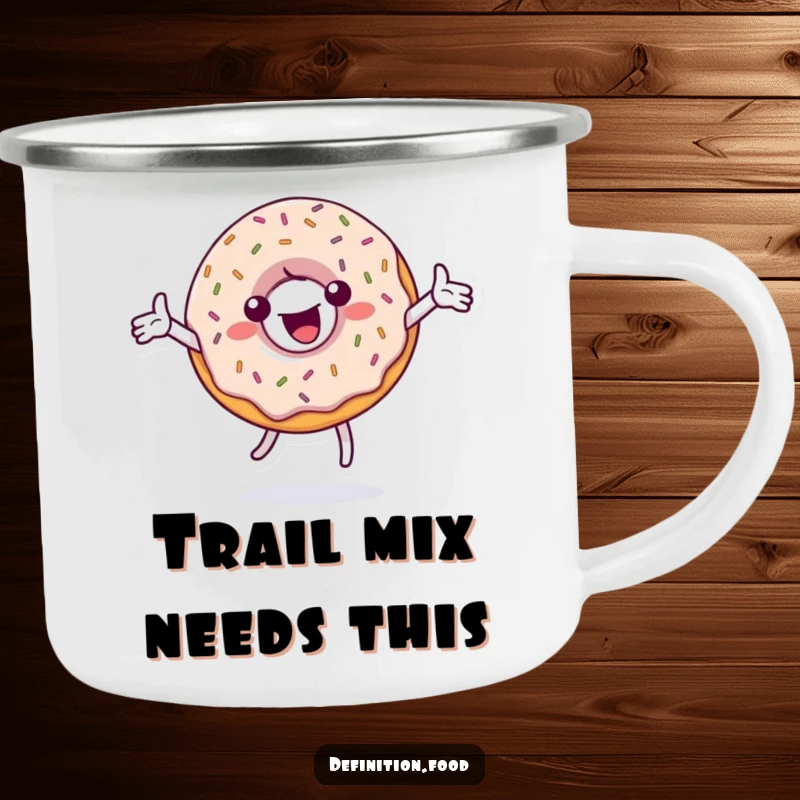 Funny camping mug with a spinning, sprinkle-covered donut character, built for sweet adventures and cheerful sips.