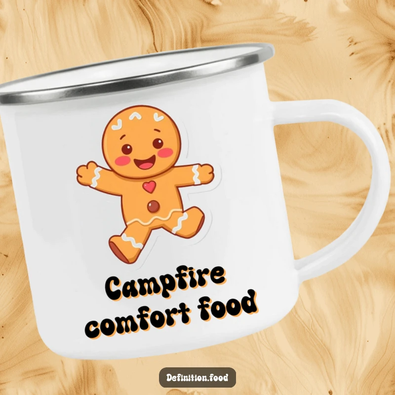 Funny camping mug with a joyful, skipping gingerbread man character, built for holiday adventures and cheerful sips.