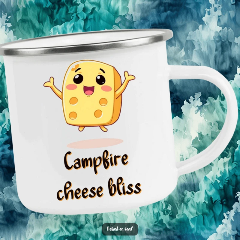 Funny animated cheese camping mug with a wide smile, joyfully leaping during an outdoor adventure.