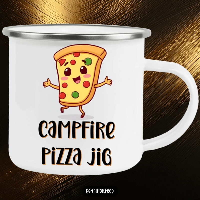 Funny pizza camping mug featuring a playful slice of pizza character doing a little jig, ideal for outdoor use.