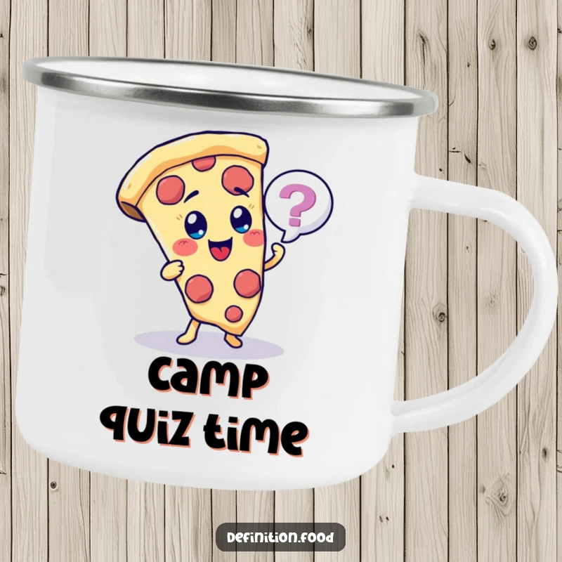 Funny cheerful pizza slice character camping mug, asking a quiz, for outdoor trivia.