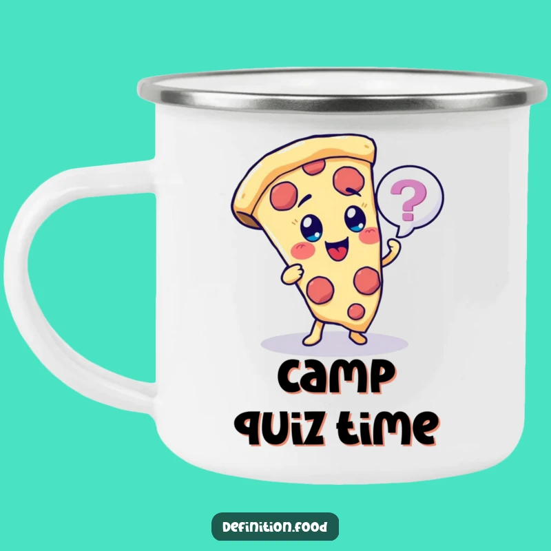 Funny Pizza Quiz Camping Mug - Cheerful Character Outdoor Gift