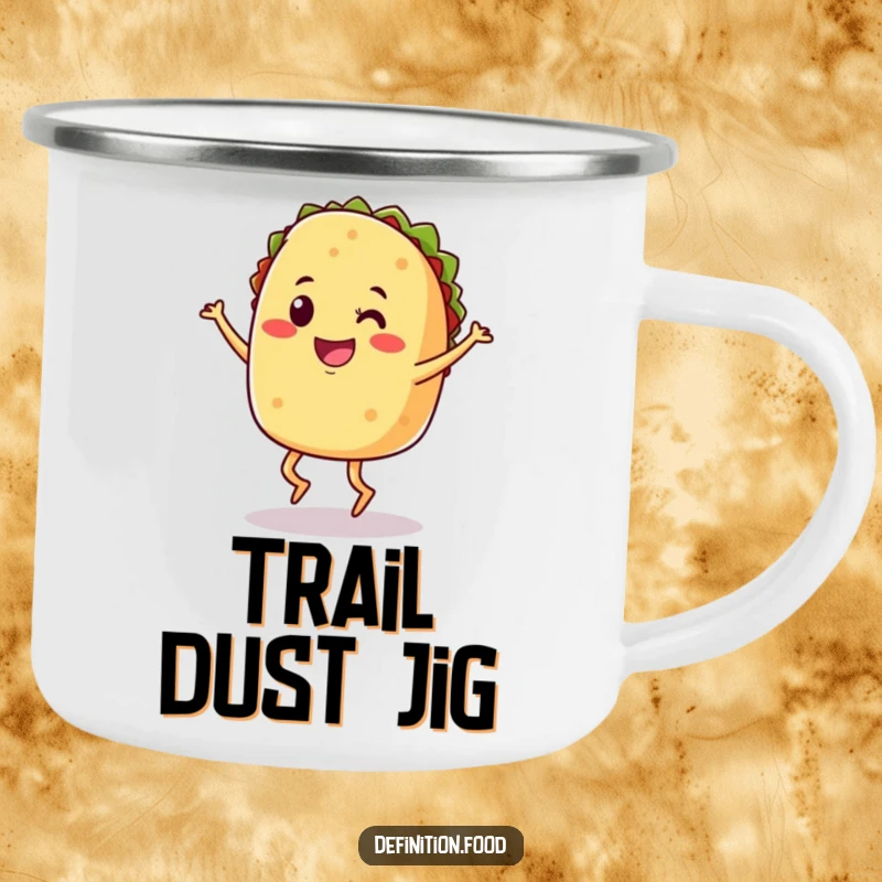 Funny camping mug with a smiling taco doing a joyful jig, great for outdoor trips.