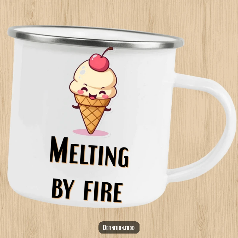 Funny camping mug with a delighted ice cream cone character wiggling its cherry topping, built for cool adventures and cheerful sips.
