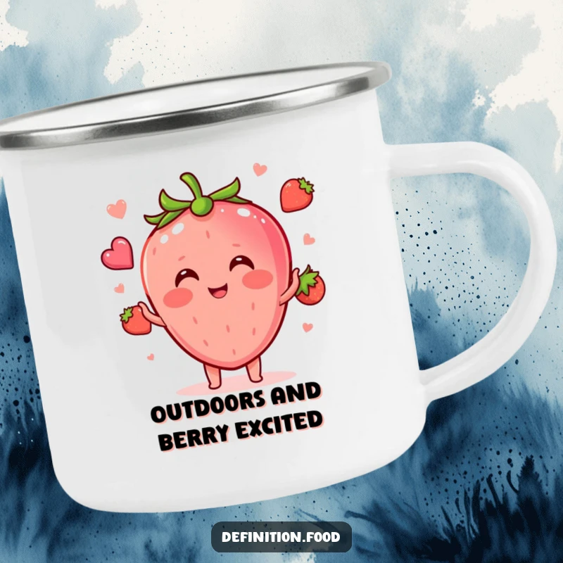 Funny blushing strawberry character juggling miniature food shapes on a rugged camping mug, perfect for outdoor enthusiasts.