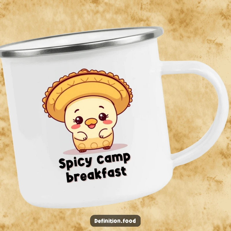 Funny mischievous burrito character peeking from under a sombrero on a durable enamel camping mug for festive outdoor enjoyment.