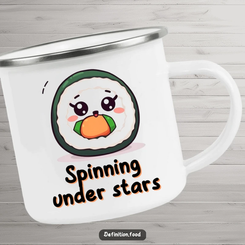 Funny cute sushi roll camping mug with wide eyes, spinning excitedly during an outdoor adventure.