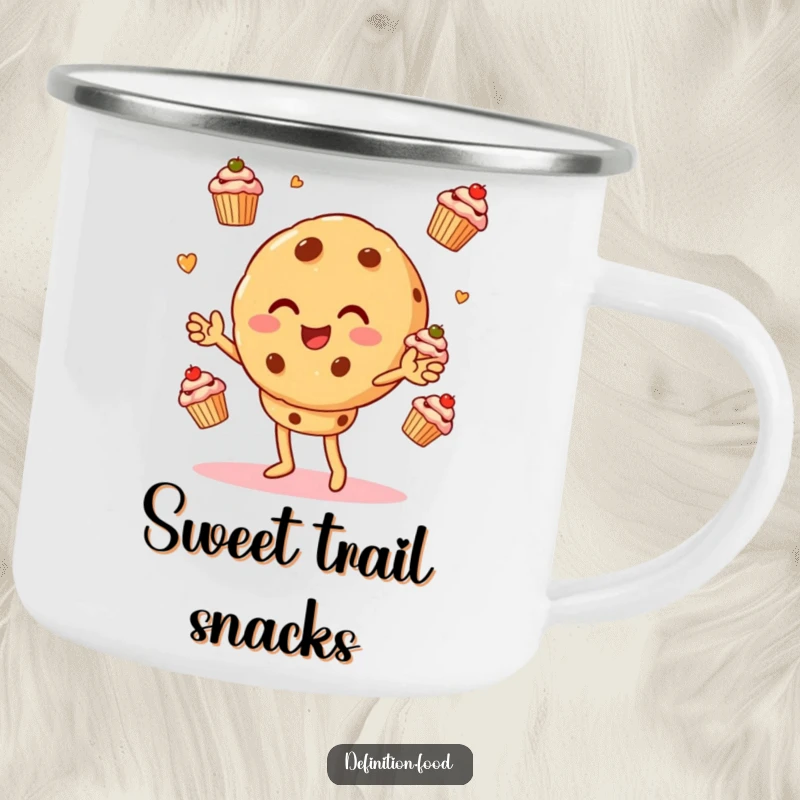 Funny camping mug illustration of a cookie character juggling cupcakes, perfect for enjoying drinks by the campfire with humor.