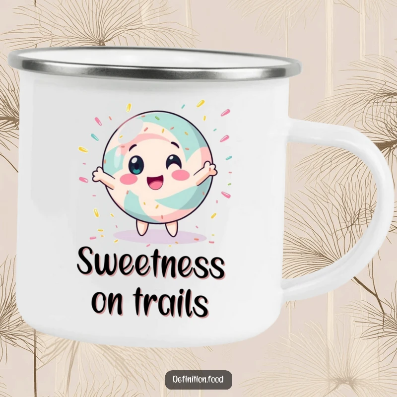 Funny enamel camping mug with a spinning candy character, perfect for outdoor adventures and humorous enjoyment.
