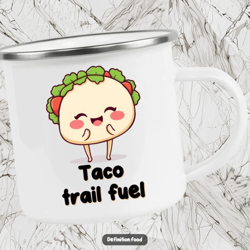 Funny camping mug featuring a smiling taco with tiny legs, winking and offering a bite, bringing humor to outdoor meals.