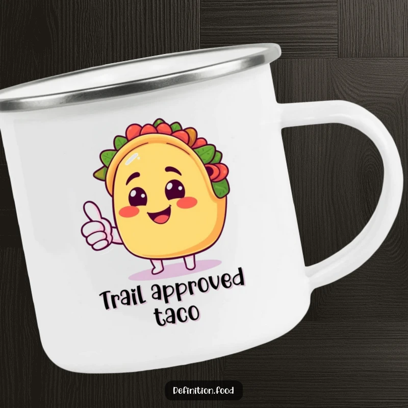 Funny taco camping mug featuring a smiling taco character giving a cheerful thumbs up, ideal for outdoor adventures.