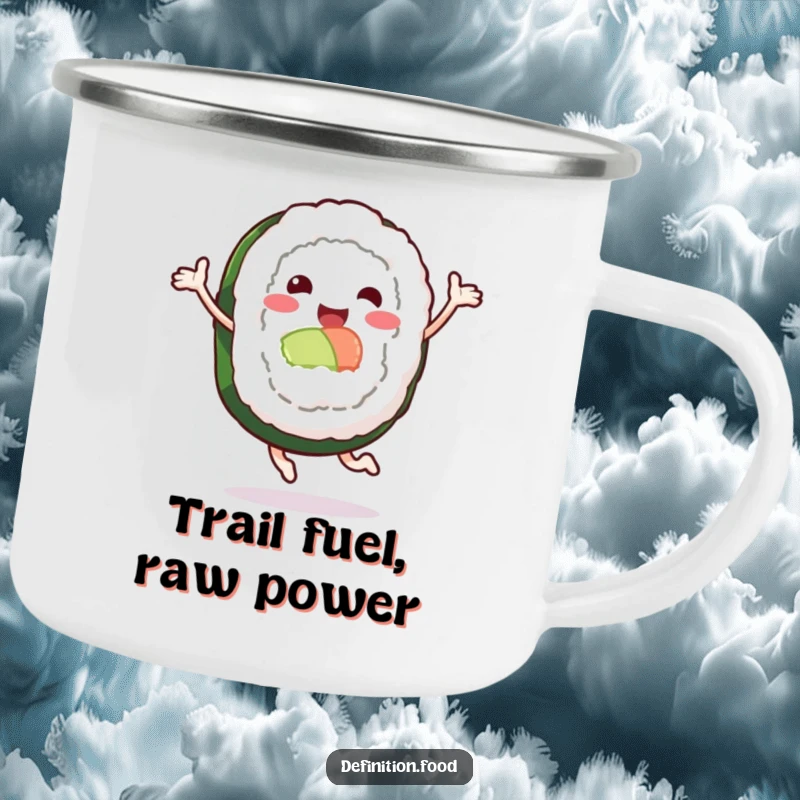 Funny enamel camping mug featuring a leaping sushi roll character, perfect for outdoor adventures and humorous enjoyment.