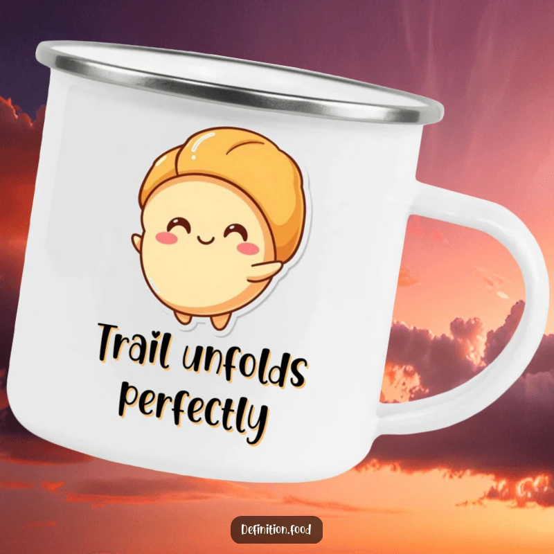 Funny camping mug with a happy croissant character unfurling its layers, great for outdoor breakfasts and a funny gift.