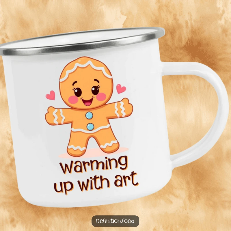 Funny joyful gingerbread man drawing a whimsical food illustration on a rugged camping mug, for artistic outdoor adventures.