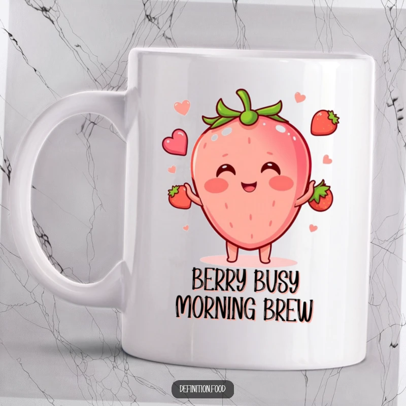 Funny blushing strawberry character hilariously juggling tiny, concept food shapes, perfect for coffee lovers seeking a charming and humorous mug.