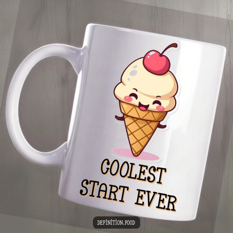 Funny mug depicting a delighted ice cream cone character playfully wiggling its cherry topping, radiating sweet joy.