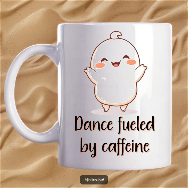 Funny dumpling mug with a smiling character doing a tiny dance, perfect for a cheerful morning and a funny gift.