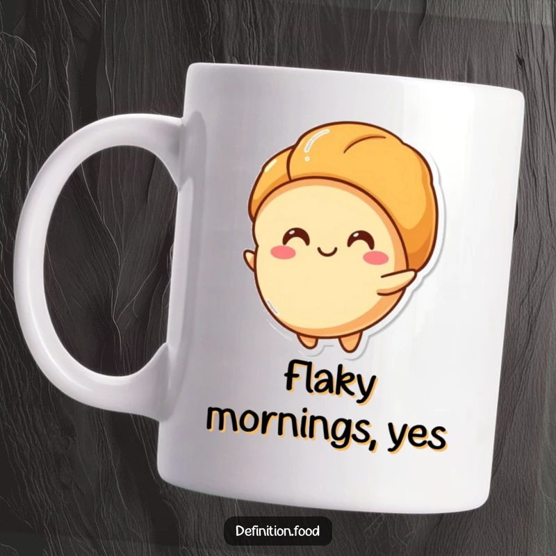 Funny croissant mug with a happy character unfurling its delicious layers, perfect for a delightful breakfast and a funny gift.
