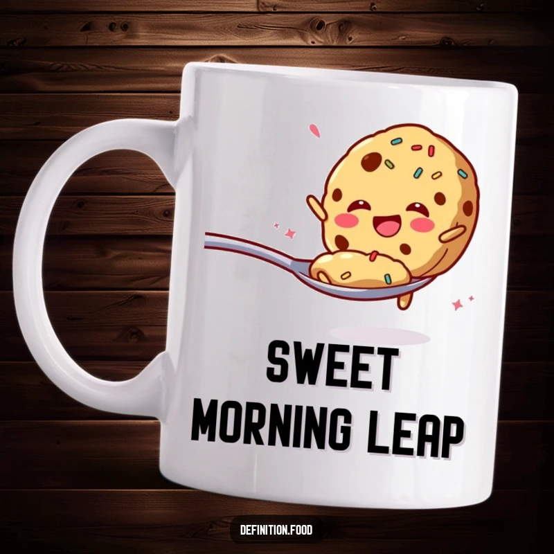 Funny mug featuring a cookie with sprinkles enthusiastically jumping from a spoon, perfect for breakfast.