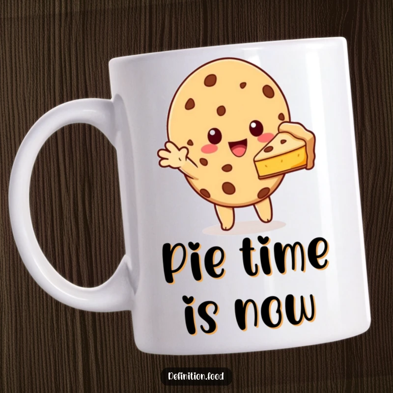 Funny cookie character reaching out with a slice of pie on a mug, conveying generosity and a love for delicious treats.