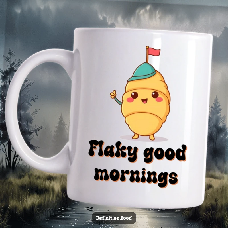 Funny mug featuring a cheerful croissant wearing a jaunty hat and waving a tiny flag.