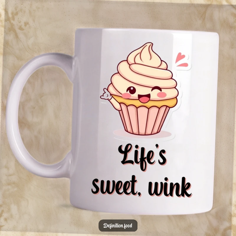Funny cupcake mug with a happy character winking cheekily, perfect for a joyful coffee break and a great gift.
