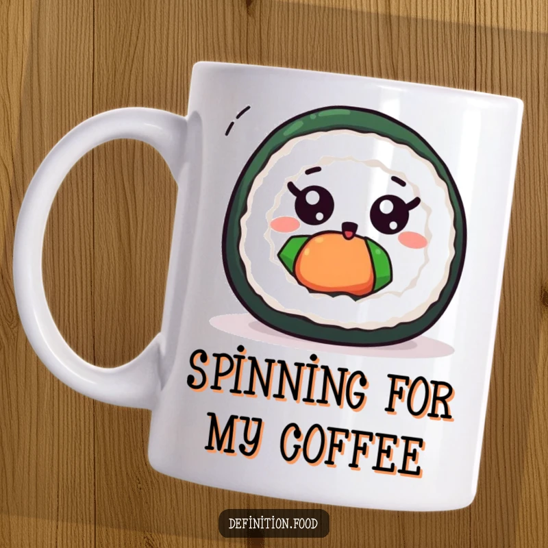 Funny cute sushi roll mug with wide eyes, captured in a moment of excited, dizzying spin.