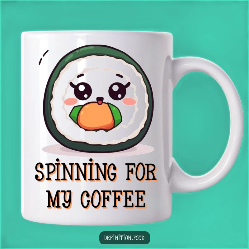 Funny Excited Sushi Roll Spin Mug: Whimsical Foodie Character Gift