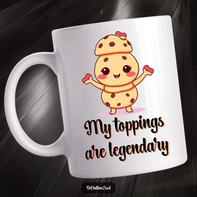 Funny mug featuring a giggling cookie character expertly balancing a towering stack of miniature pastries with pure delight.