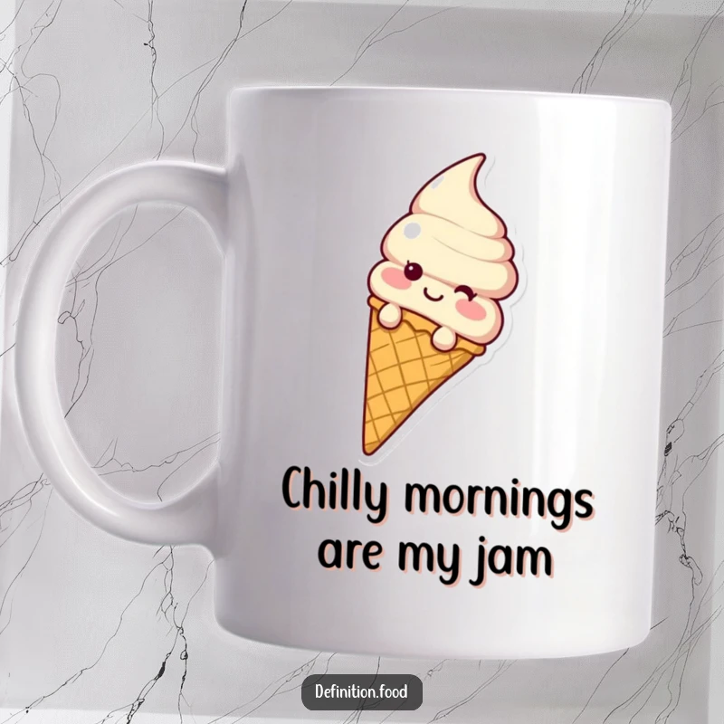 Funny ice cream cone character giggling gleefully while sliding down a crispy waffle cone on a novelty mug.