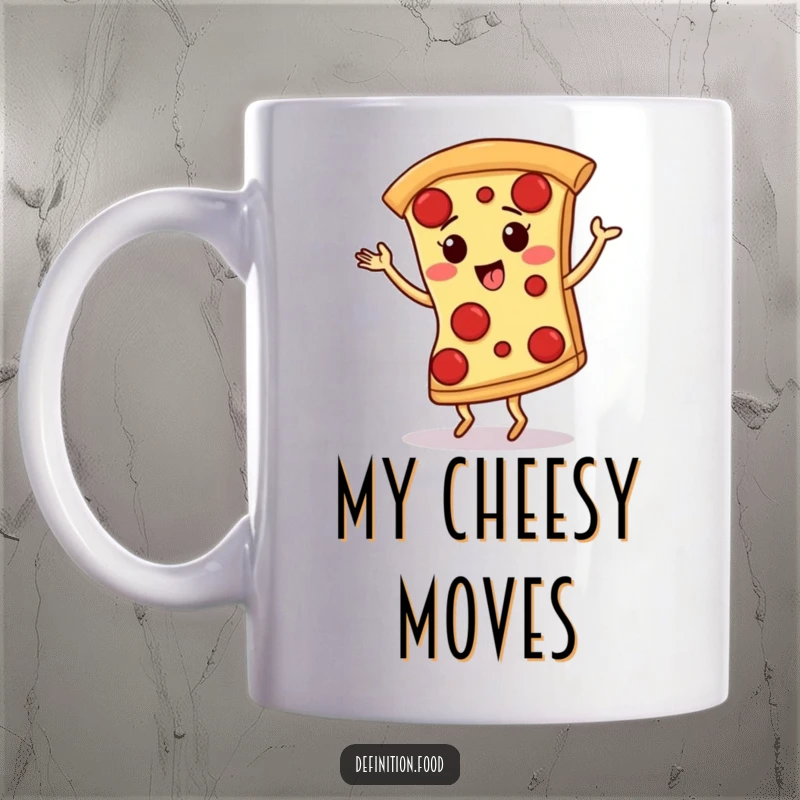 Funny mug illustration of a giggling pizza slice with pepperoni dancing the tango with pure joy and cheesy delight.