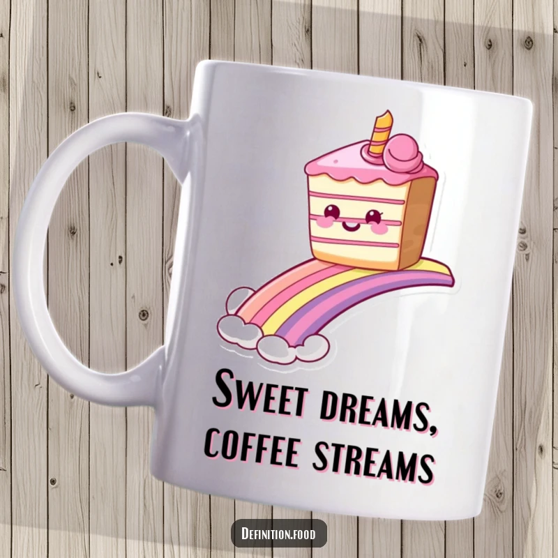Funny grinning cake mug sliding down a rainbow, spreading sweetness and pure joy. Perfect funny gift.
