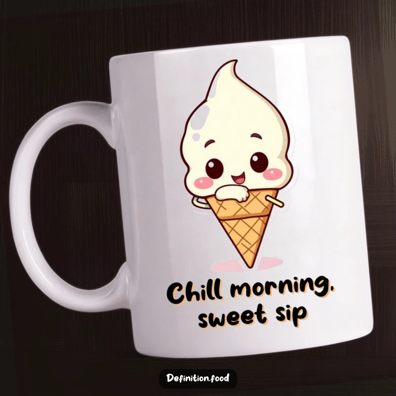 Funny ice cream mug featuring a happy ice cream cone character taking a triumphant bite, celebrating deliciousness.