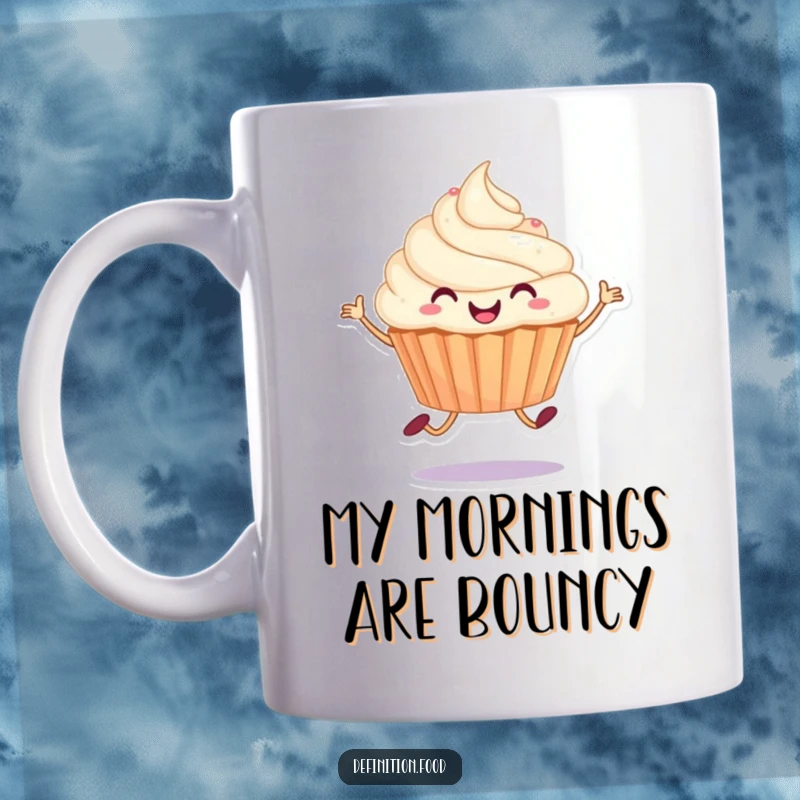 Funny mug depicting a joyful cupcake character mid-hop, radiating pure, unadulterated happiness and sweet delight.