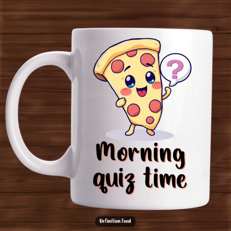 Funny cheerful pizza slice character mug, asking a quiz question, perfect for trivia fans.