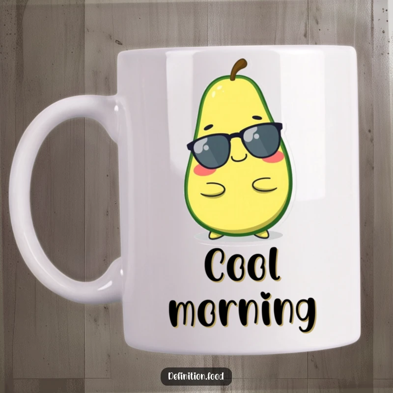 Funny avocado mug, character in a cool, relaxed pose, smiling, bringing laid-back vibes, a great funny gift.