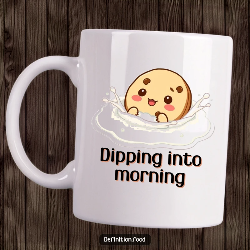 Funny cookie character comically pretending to swim in a pool of milk on a novelty mug.