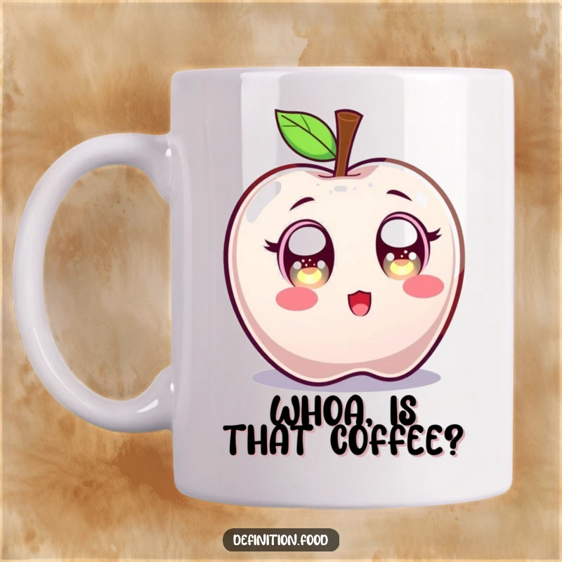 Funny mug featuring a candy apple character with comically wide, sparkling eyes, expressing pure, sweet astonishment.