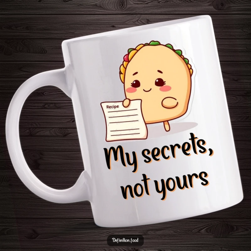 Funny taco chef mug, intently reading a recipe card with a chef hat, conveying a thoughtful and humorous culinary moment.