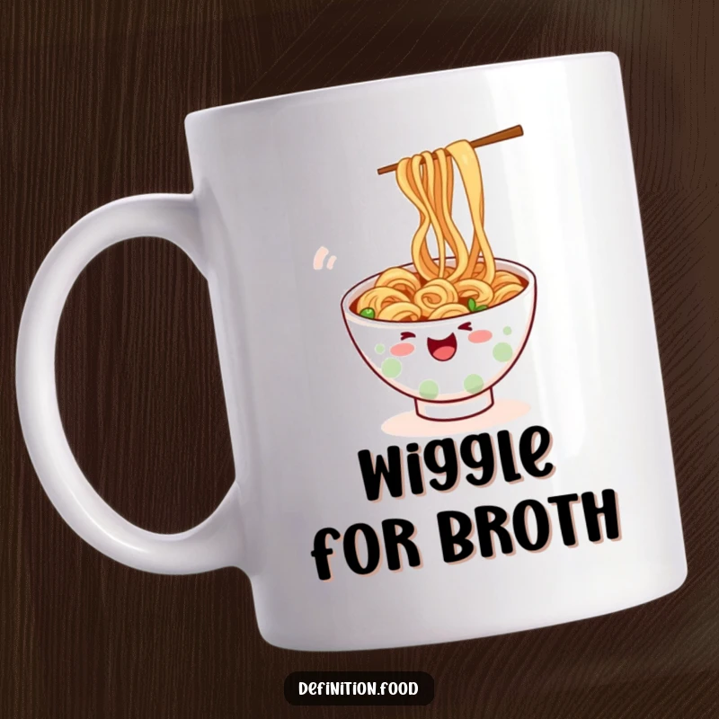 Funny ramen noodle bowl mug, character doing a playful wiggle, steam rising, a delightful and funny gift.