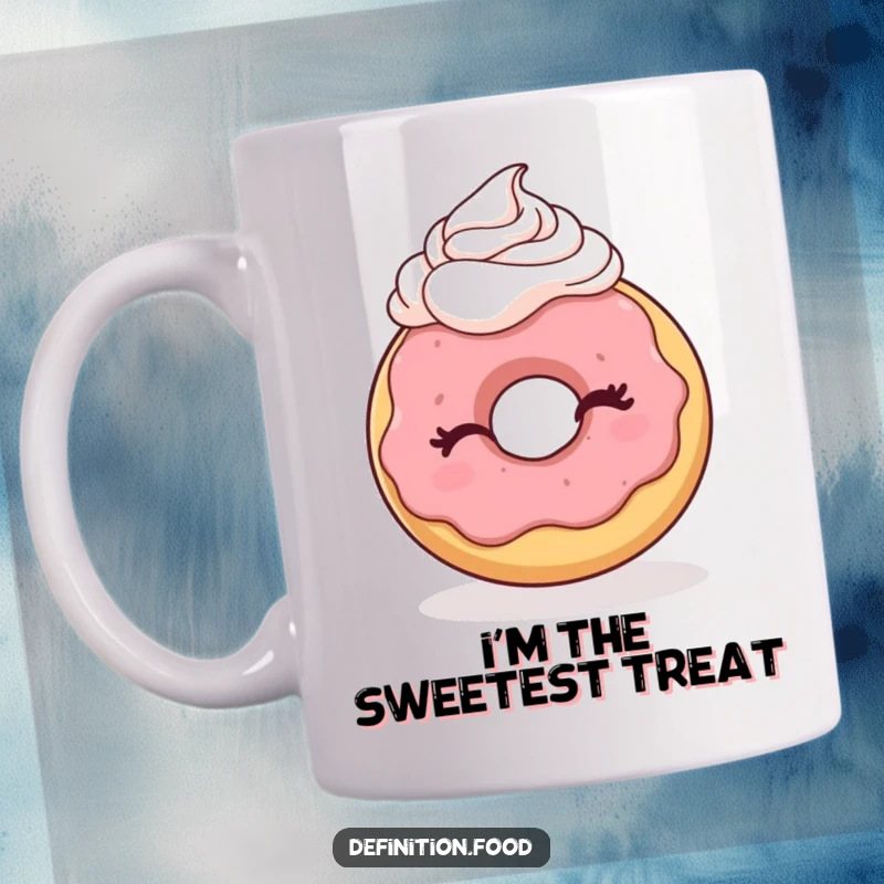 Funny donut mug with whipped cream winking playfully, a delightful and humorous addition to any kitchen.